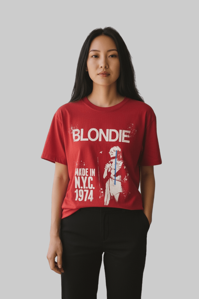 Blondie Made in NYC 1974 Girls’ Graphic T-Shirt – Red Vintage Band Tee (Size L 10/12) - Dirty D’s Deals
