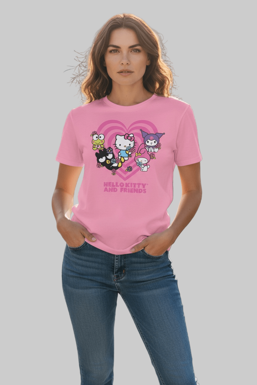 Hello Kitty and Friends Women’s Pink Graphic T-Shirt – Sanrio Characters Tee - Dirty D’s Deals
