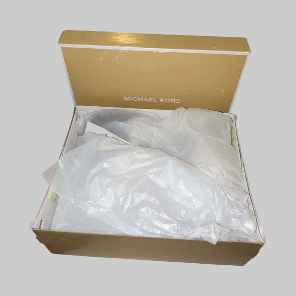 Michael Kors Simone Mid Heel Sandal – Black Patent, Size 10M - Dirty D’s Deals