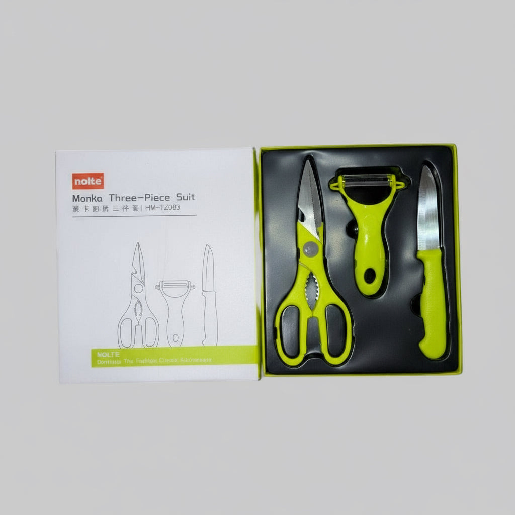 Nolte Monka 3 - Piece Kitchen Set – Stainless Steel Scissors, Peeler & Paring Knife (Green) - Dirty D’s Deals