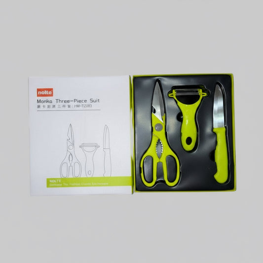 Nolte Monka 3 - Piece Kitchen Set – Stainless Steel Scissors, Peeler & Paring Knife (Green) - Dirty D’s Deals