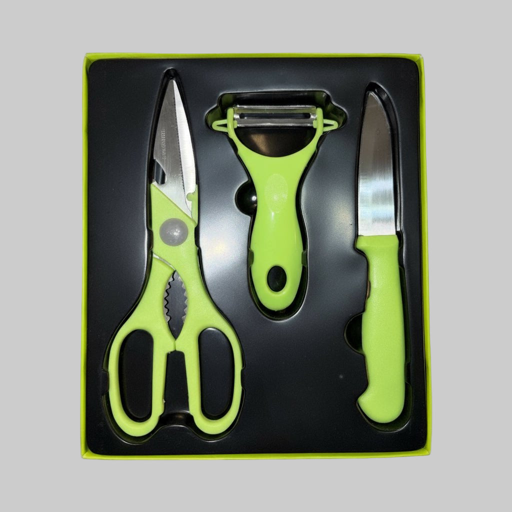 Nolte Monka 3 - Piece Kitchen Set – Stainless Steel Scissors, Peeler & Paring Knife (Green) - Dirty D’s Deals