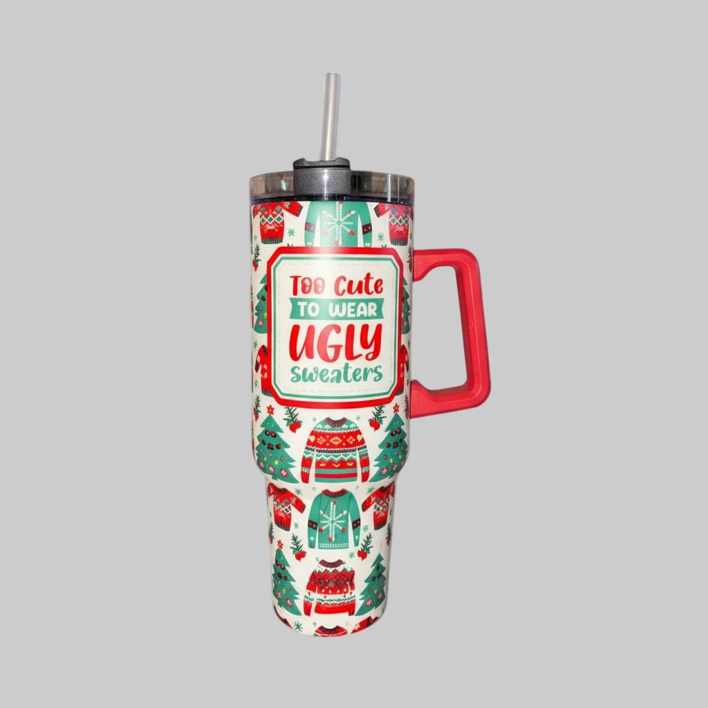 Too Cute to Be Ugly Holiday Tumbler Cup – 24oz Double Wall Mug with Straw - Dirty D’s Deals