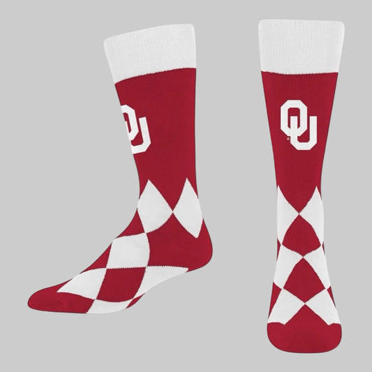 University of Oklahoma Sooners Argyle Crew Socks – Red & White OU Logo Unisex - Dirty D’s Deals
