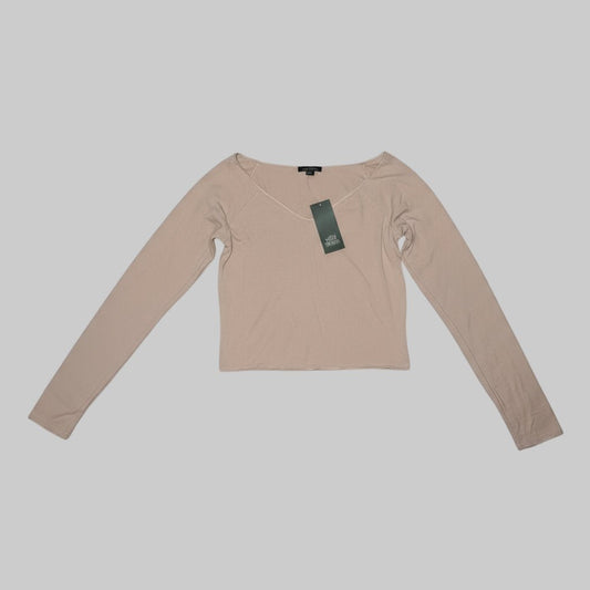 Women’s Ribbed Long Sleeve Crop Top – Wild Fable Beige | Size Small - Dirty D’s Deals
